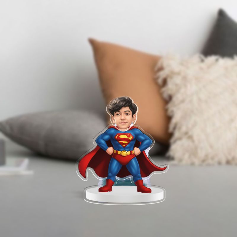 Personalized Super Man Cartoon Theme Funny Face Caricature Birthday Return Gift for Kids, Girls & Boys Solar Powered Moving Head for Car Dashboard & Table Decor